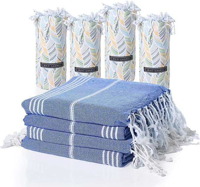 BAY LAUREL Turkish Beach Towel with Travel Bag 39 x 71 Quick Dry Sand Free Lightweight Large Oversized Towels Light - Pack of 4 (Pack of 4 - Dark Blue with Yellow Floral)