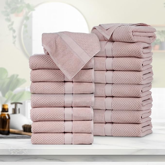 Ample Decor Bath Towels for Bathroom Set of 16 100% Cotton Popcorn Textured, Machine Washable - Soft Pink - 30 X 54 Inch
