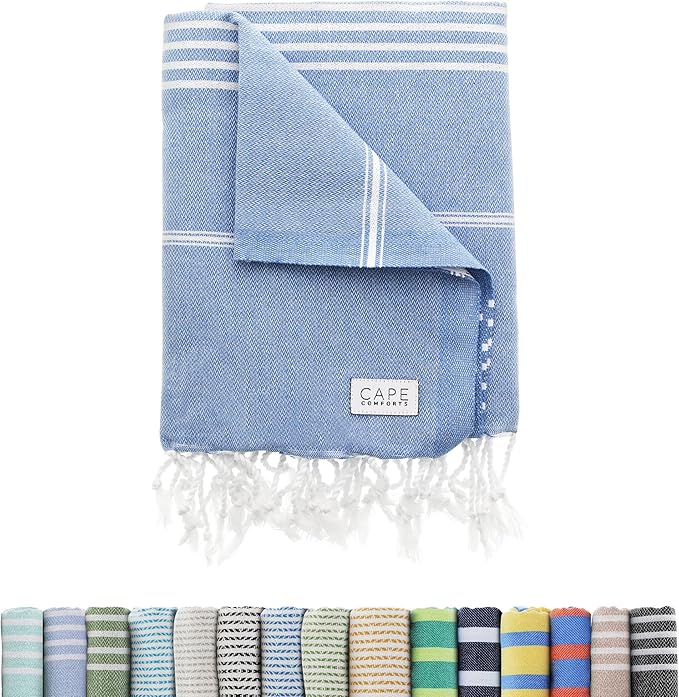 Large Turkish Beach Towel, Classic Denim Blue - Super Soft & Lightweight Quick Dry Absorbent Towels for Beach, Picnic Blanket or Bath Towel - Sand Free Organic Turkish Cotton Yarn