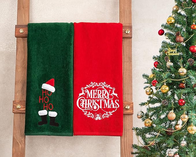American Soft Linen Christmas Bath Towels Bathroom Set, 2 Packed Embroidered Decorative 100% Turkish Cotton Hand Bath Towels, Dish Towels for Decor Xmas, Merry-Hoho