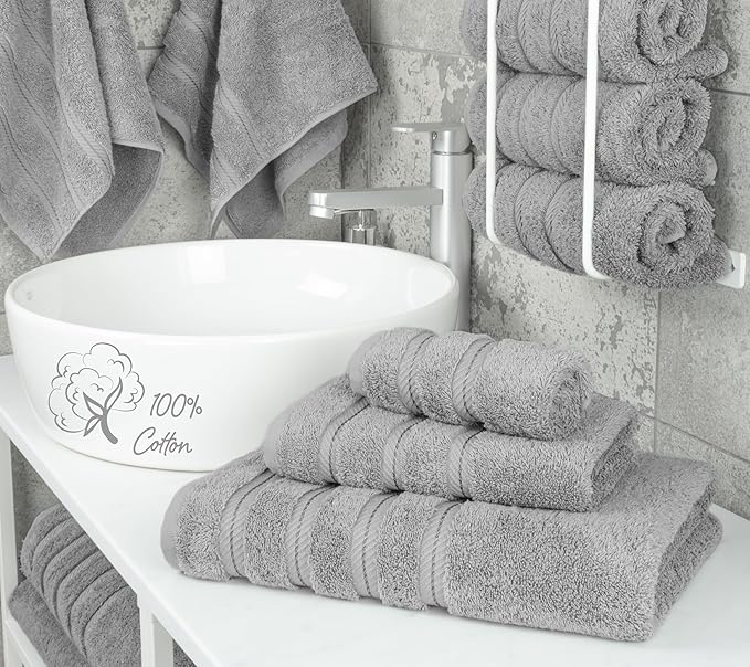 American Soft Linen Premium 3 Piece Towel Set, 1 Bath Towel 1 Hand Towel 1 Washcloth, 600 GSM 100% Cotton Turkish Towels for Bathroom, Light Grey Towel Set