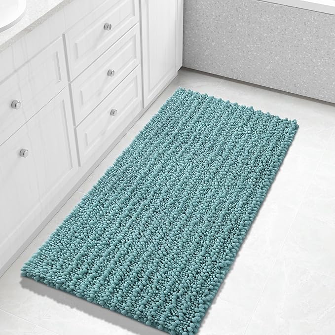 Yimobra Long Bathroom Rugs Non Slip Washable 44x24 Inch - Ultra Soft Absorbent Chenille Bath Mat, Quick Dry Shaggy Floor Carpet for Tub Shower, Teal Blue Home Decor Accessories