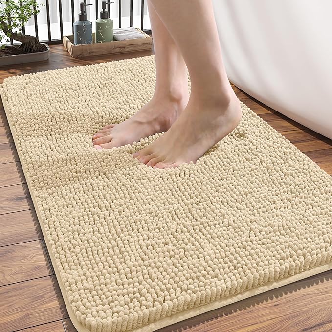 OLANLY Bathroom Rugs 34x21, Extra Soft Absorbent Chenille Bath Rugs, Rubber Backing Quick Dry, Machine Washable Bath Mats for Bathroom Floor, Tub and Shower, Home Decor Accessories, Beige