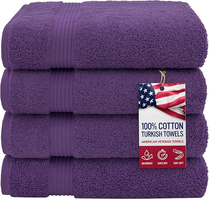 American Veteran Towel, 100% Cotton Turkish Bath Towels for Bathroom 4 Pack, 27x54 Extra Large Premium Soft Drying Bathroom Towels, Purple