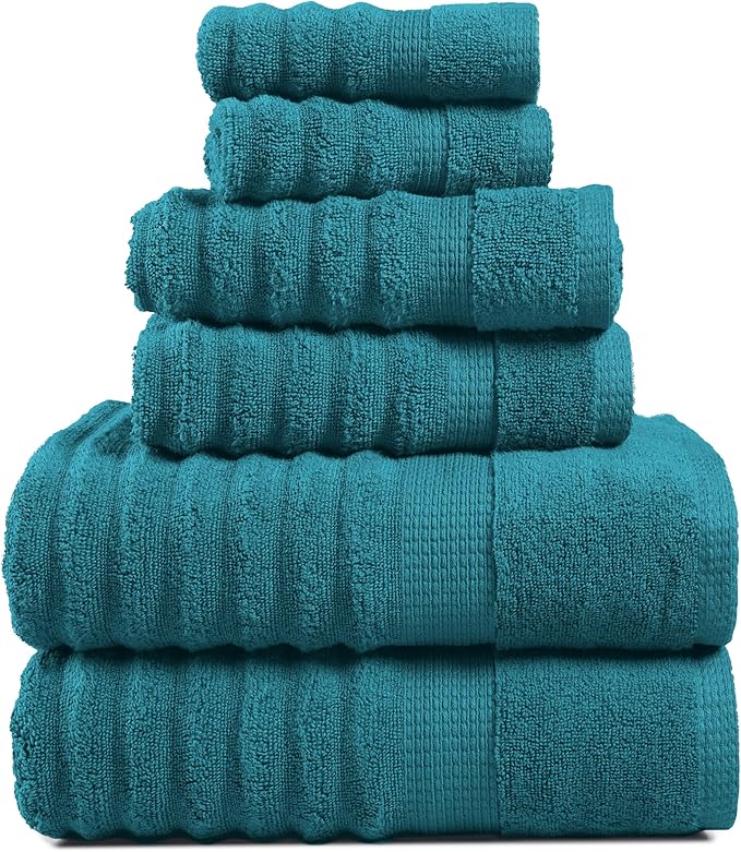 LANE LINEN Towels for Bathroom - Luxury, 100% Cotton Bath Towel Set of 6 - Includes 2 Bath, 2 Hand Towel, 2 Wash Cloths for Body - Zero Twist, Ribbed, Quick Dry Bath Towels for Daily Use - Sea Port