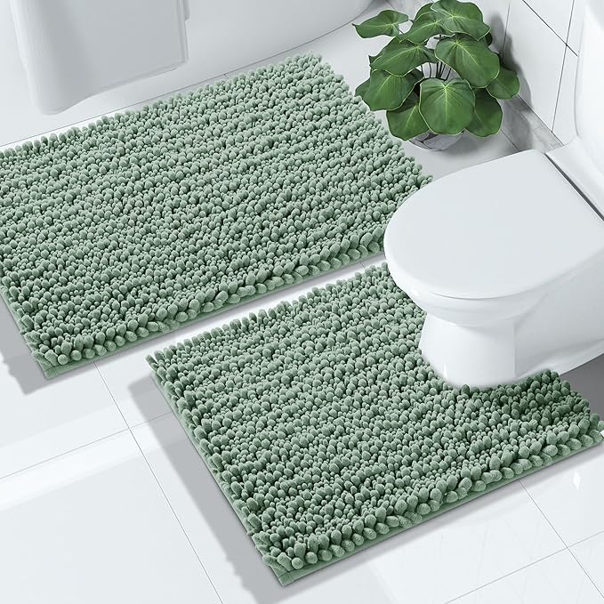 Yimobra Bathroom Rugs Sets 2 Piece - Quick Dry Extra Thick Luxury Chenille Bath Mat, Non Slip Super Absorbent for Tub Shower Sink, Machine Washable Shaggy Floor Mat, 32"x20"+24"x20" Inch, Green