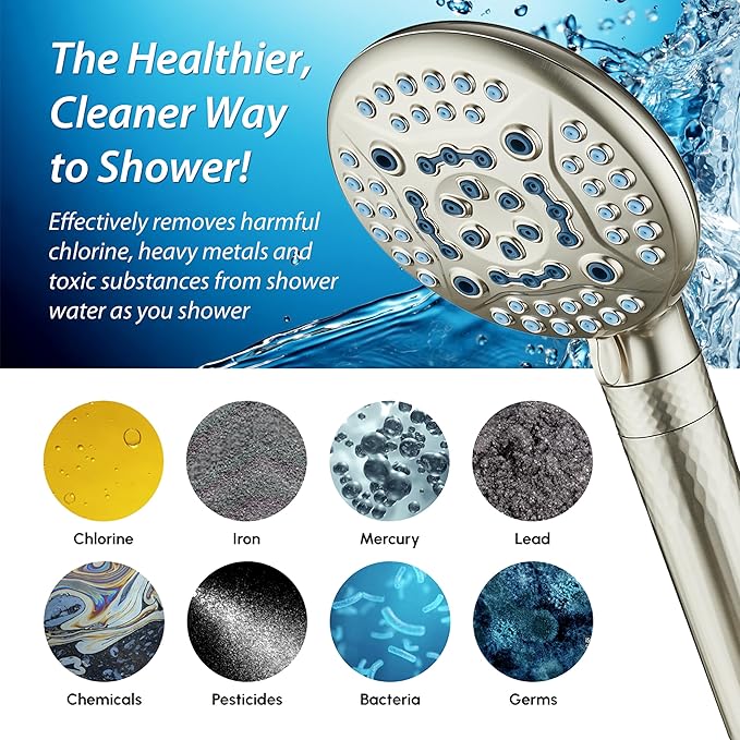 AquaCare High Pressure 6-way Dual Shower Head Combo with Built-in Filter & Power Wash - Clean Tub, Tile & Pets. Remove Chlorine, Lead & Toxins from Water to Protect Skin, Hair, & Nails. Nickel Finish