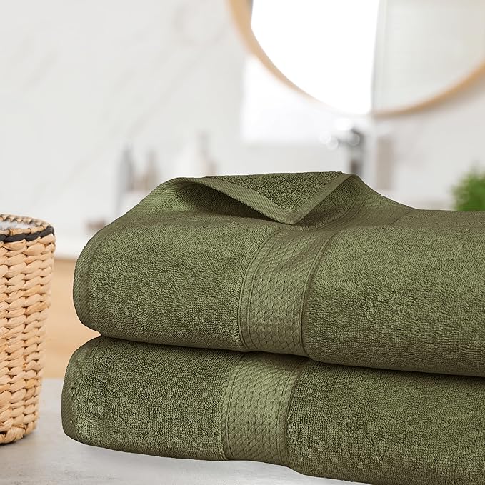 Superior Egyptian Cotton Pile Bath Sheet Set of 2, Ultra Soft Luxury Towels, Thick Plush Essentials, Absorbent Heavyweight, Guest Bath, Hotel, Spa, Home Bathroom, Shower Basics, Forest Green