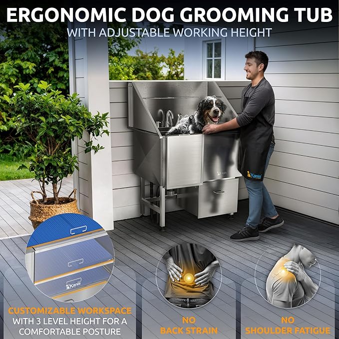 KANIS Professional Dog Washing Station - 304 Stainless Steel Pet Wash Sink & Grooming Bathtub w/Shower, Floor Grates and Storage for Large, Medium & Small Pets (40", 1 Drawer - Left Ramp)