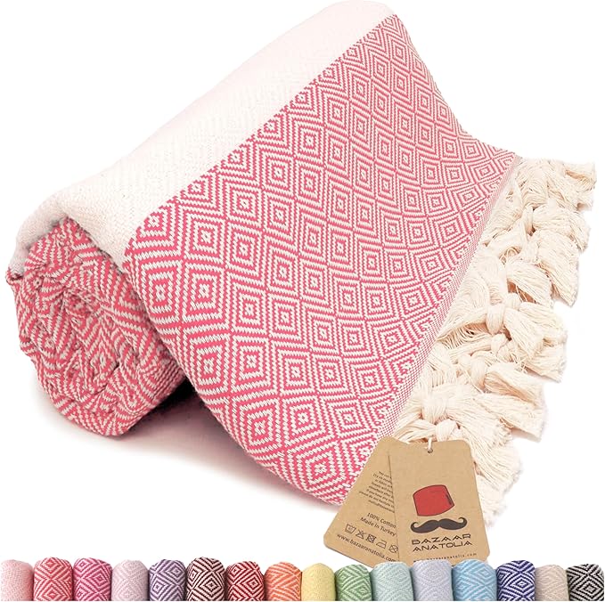 Bazaar Anatolia Turkish Beach Towel – 100% Cotton, Quick Dry, Sand Free Towel for Bathroom, Camping, Travel, Peach – Oversized 71x39 Inches – Diamond Coral