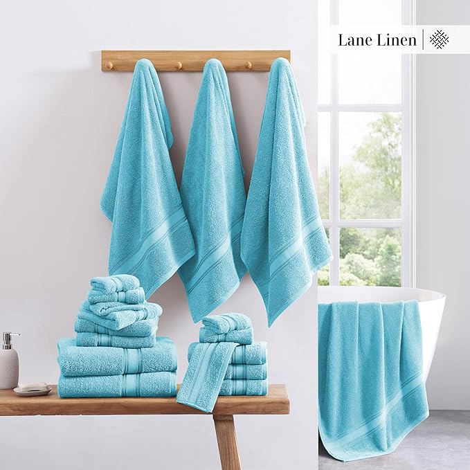 LANE LINEN Luxury 18-Piece Solid Cotton Bathroom Towel Set - 6 Bath Towels, 6 Hand Towels, 6 Wash Cloths - Blue