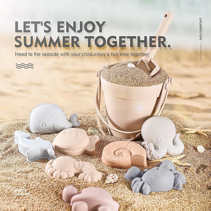 MarcZero 11Pcs Silicone Beach Toys,Modern Baby Beach Toys,Travel Friendly Beach Set,Silicone Bucket, Shovel, 8 Sand Molds, Beach Bag,Silicone Sand Toys for Toddlers, Kids (Begie)