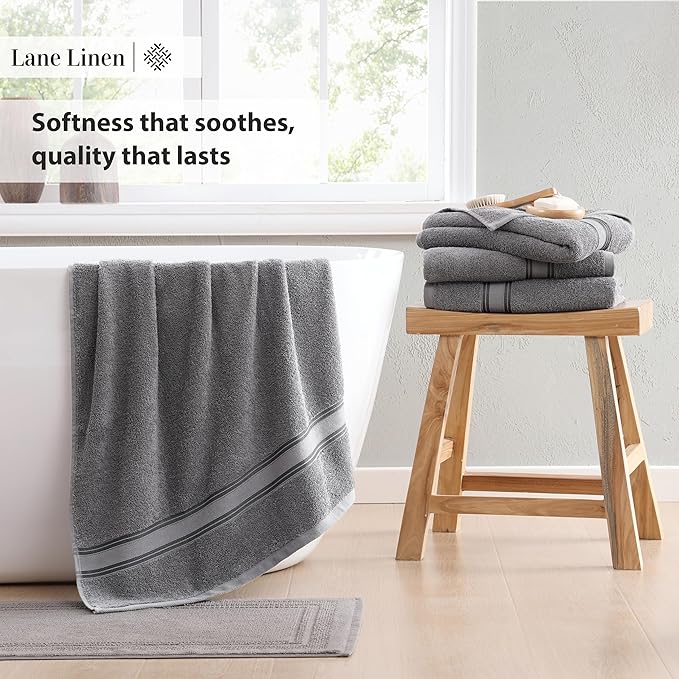 LANE LINEN 100% Cotton 4 Pack Bath Towels Set (28"x54") - Zero Twist, Large Cotton Towels for Bathroom - Quick Dry, Soft & Absorbent Bath Towel Set - Remains Soft After Multiple Washes - Cool Grey