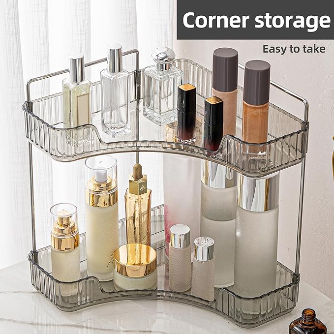 YCIA&DONE Corner Bathroom Counter Organizer, Makeup Organizer for Vanity, Skincare Cosmetic Perfume Tray, Corner Countertop Shelf Rack Storage for Bathroom Kitchen 2 Tiers (Smoky Gray)