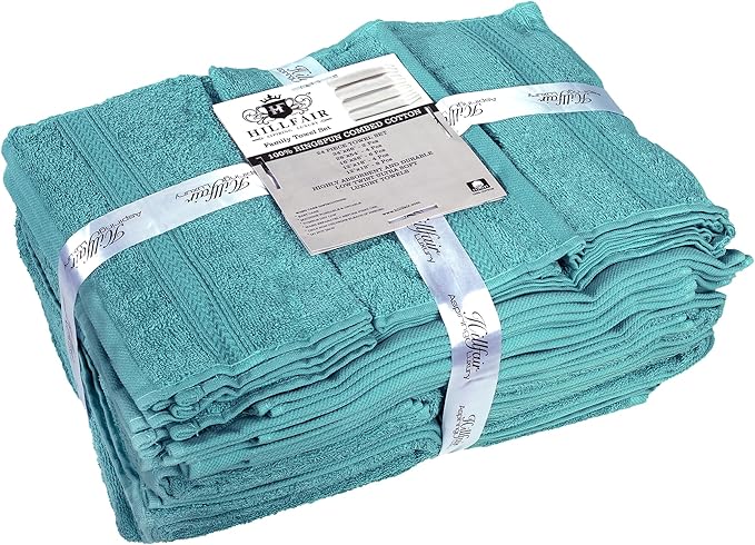 HILLFAIR 24 Piece Bath Towels Set for Bathroom- 100% Cotton 24 PC Bulk Pack Hotel Spa Towel Set- 2 XXL Oversized Big Towels, 4 Bath Towels, 6 Hand Towels, 4 Fingertip Towels, 8 Washcloths: Turquoise