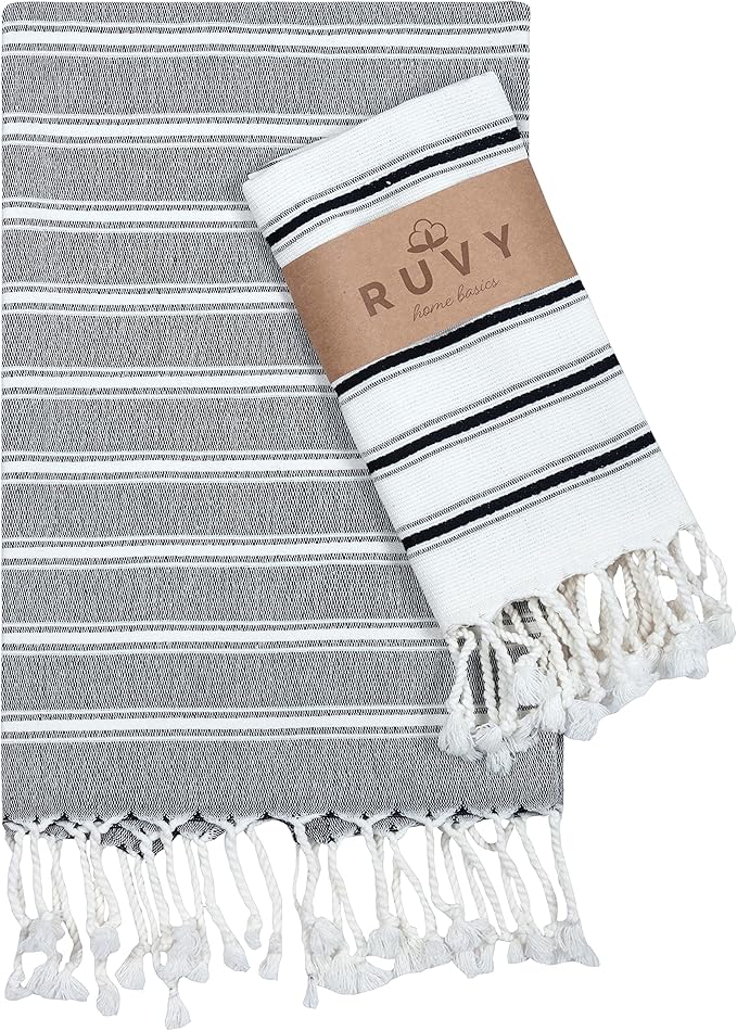 Ruvy Home Basics Turkish Hand Towels for Bathroom Set of 2 | 18"x40", Cotton | Decorative Towel for Bathroom, Kitchen, Dishcloth, Tea, Yoga, Face, Gym - Black