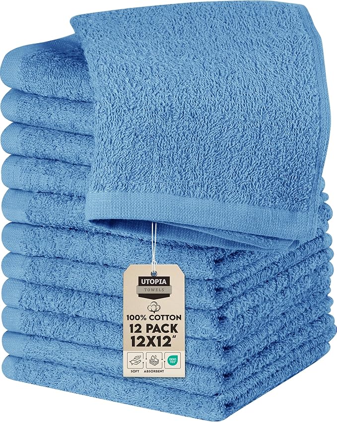Utopia Towels 12 Pack Cotton Washcloths Set - 100% Ring Spun Cotton, Premium Quality Flannel Face Cloths, Highly Absorbent and Soft Feel Fingertip Towels (Electric Blue)