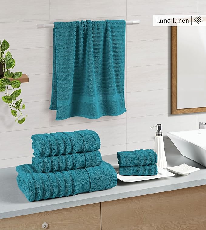 LANE LINEN Towels for Bathroom - Luxury, 100% Cotton Bath Towel Set of 6 - Includes 2 Bath, 2 Hand Towel, 2 Wash Cloths for Body - Zero Twist, Ribbed, Quick Dry Bath Towels for Daily Use - Sea Port