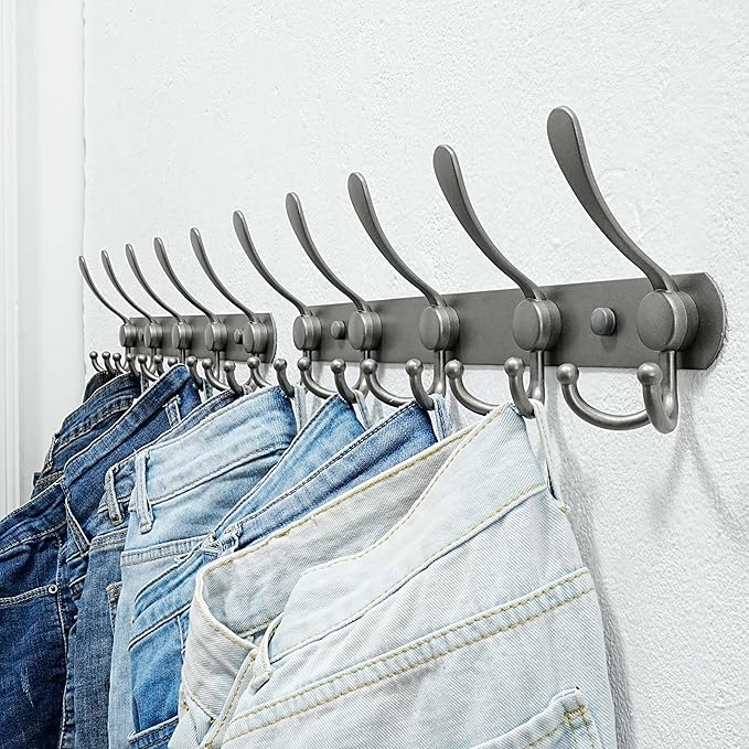 Dseap Coat Rack Wall Mounted - 5 Tri Hooks, Heavy Duty, Stainless Steel, Metal Coat Hook Rail for Coat Hat Towel Purse Robes Mudroom Bathroom Entryway,Grey