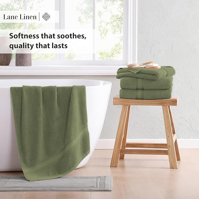 Lane Linen 100% Cotton 4 Pack Bath Towels (30"x60") - Zero Twist, Mercerized Cotton Bathroom Towel Set - Quick Dry, Extra Soft & Absorbent Large Bath Towels - Tumble Dry Regains Fluffiness - Oil Green