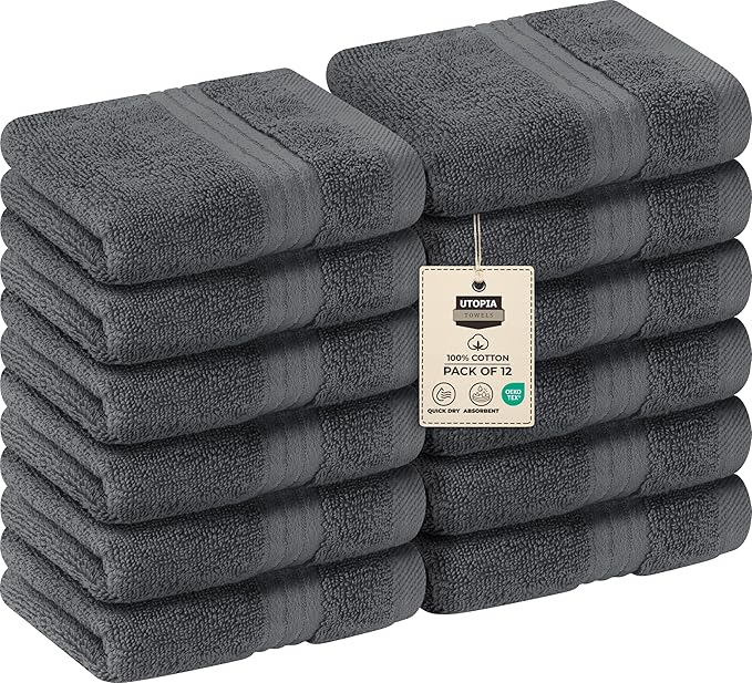 Utopia Towels 12 Pack Premium Wash Cloths Set, 12 by 12 Inches, 100% Cotton Ring Spun, Highly Absorbent and Soft Feel Washcloths for Bathroom, Spa, Gym, and Face, Grey