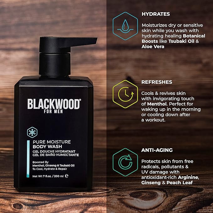 Blackwood For Men Pure Moisture Body Wash - Infused with Ginseng & Menthol - Natural Vegan Formula for Sensitive Skin and Workout Recovery - Sulfate Free, Paraben Free, & Cruelty Free (7 Oz)