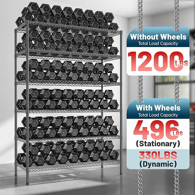 82" H X45 W X18 D Wire Shelving Unit, 6 Tier Adjustable Storage Shelves with Wheels 1200LBS Metal Shelving for Restaurant Garage Pantry Kitchen Closet Commercial,Black
