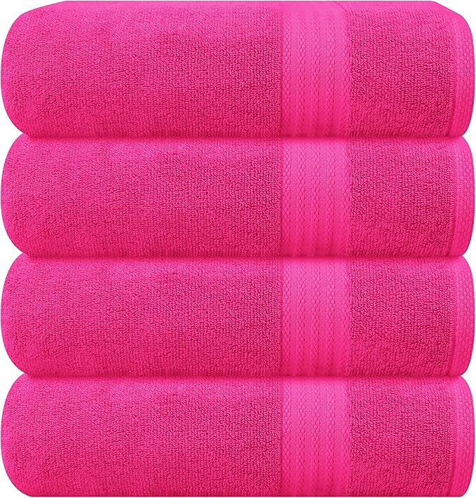 GLAMBURG Premium Cotton 4 Pack Bath Towel Set - 100% Pure Cotton - 4 Bath Towels 27x54 - Ideal for Everyday use - Ultra Soft & Highly Absorbent - Hot Pink