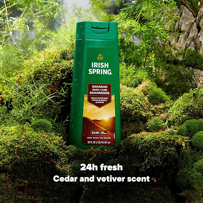 Irish Spring Saharan Dawn Moisturizing Body Wash for Men, 24 Hour Fresh, Face and Body Wash, Paraben Free, Cedar and Vetiver Scent, 20 fl oz Bottle (Pack of 4)