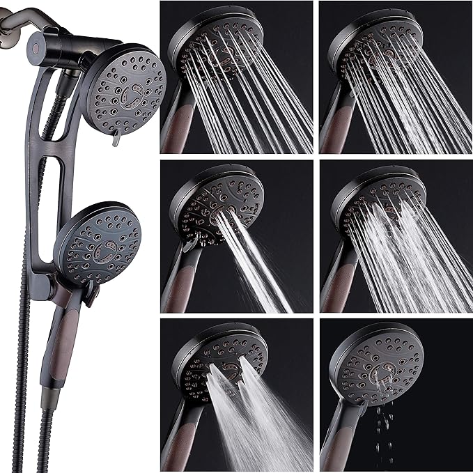 High Pressure 48-mode Luxury 3-way Combo with Adjustable Extension Arm – Dual Rain & Handheld Shower Head – Extra Long 6 Foot Stainless Steel Hose – All Oil Rubbed Bronze Finish – Top US Brand
