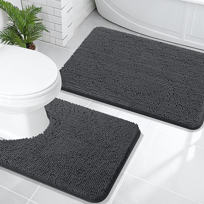OLANLY Bathroom Rugs Sets 2 Piece, Soft Absorbent Chenille Bath Mats and U-Shaped Contour Toilet Mat Area Rug Set, Machine Washable Bath Carpet, Home Decor Accessories(30"x20"+24"x20", Dark Grey)