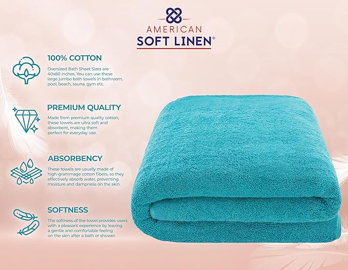 American Soft Linen Oversized Bath Sheet 40x80 Extra Large for Bathroom, 600 GSM 100% Cotton Turkish Jumbo Bathsheet Towels for Adults, Aqua Blue Bath Sheet