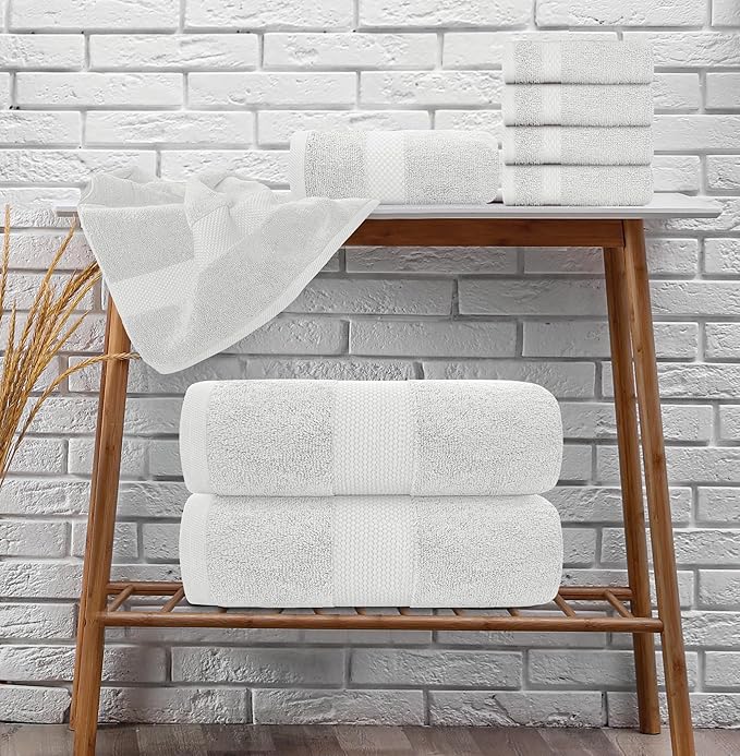 White Classic Luxury Bath Towel Set of 8 Pieces - 100% Turkish Cotton Highly Absorbent Towels for Bathroom, 2 Luxury Bath Towels 700GSM, 2 Hand Towels, 4 Washcloths, Silver