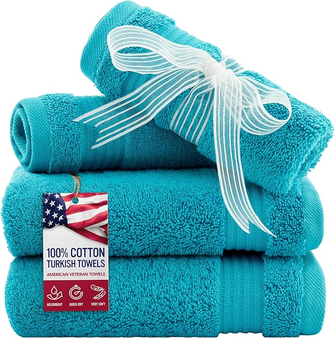 American Veteran Towel, 100% Cotton Turkish Washcloths for Bathroom Essentials 4 Pack, Soft Absorbent Wash Cloths Quick Drying Small Towels Washrags, Aqua Blue