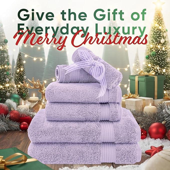 American Veteran Towel, 6 Piece Towel Set for Bathroom, 100% Cotton Turkish Bathroom Towels, 2 Bath Towels 2 Hand Towels 2 Washcloths, Lilac