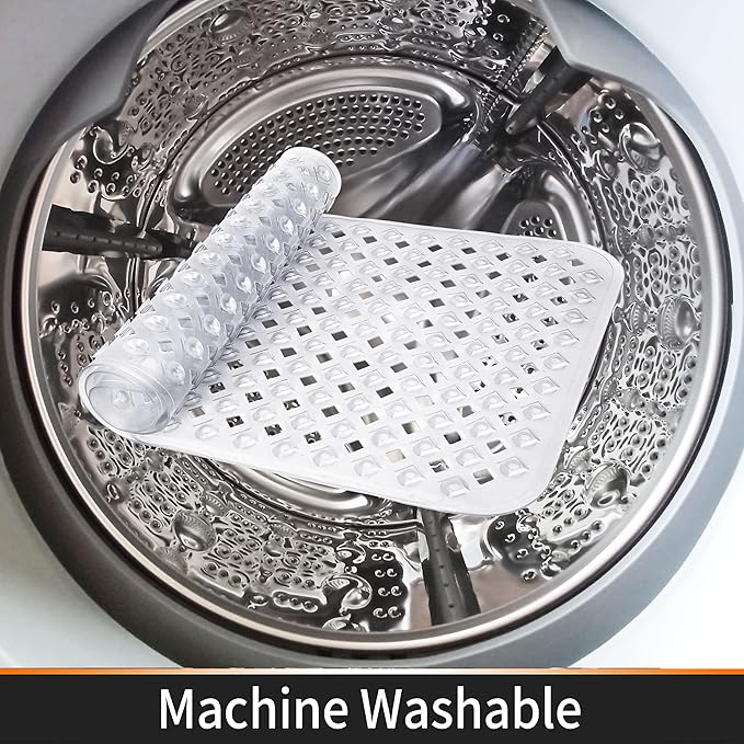 Yimobra Bathtub Mat Non Slip, Super Strong Suction Cups, 27.5"x15.5" Long Shower Mat with Drain Holes, Machine Washable Fast Draining Bath Mats, Bathroom Essentials,Clear
