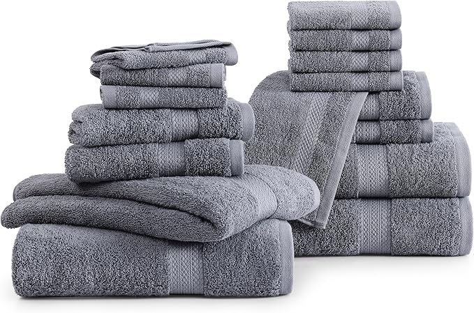 LANE LINEN 100% Cotton Luxury Bath Towel Set - 16 Pieces - Ring Spun, Super Soft & Highly Absorbent - 4 Bath, 8 Washcloths, 4 Hand Towels for Bathroom - Holds Well After Multiple Washes - Cool Grey