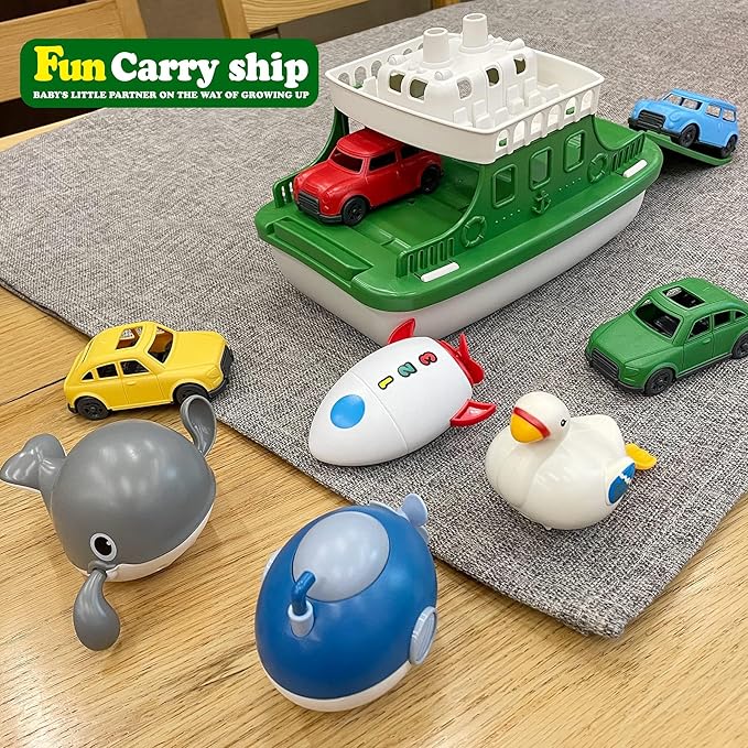 Ferry Boat with 4 Car and 4 Wind Up Bath Swimming Toys, Kids Bath Toy Floating Vehicle Whales Submarines Swans Rockets, Bathtub Bathroom Pool Beach Toy Set for Toddlers Boys Girls