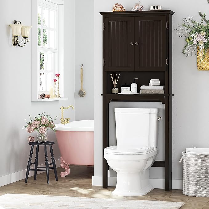 UTEX Bathroom Storage Over The Toilet, Above Toilet Storage Cabinet Organizer with Adjustable Shelves and Double Doors, Espresso