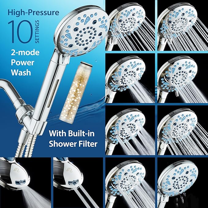 AquaCare High Pressure 10 Spray Mode Filtered Showerhead - Handheld Shower Head Filters Chlorine to Heal Dry Skin, Revive Hair - Dual Power Wash Cleans Tub, Tile, Pets - Hard Water Softener, Chrome
