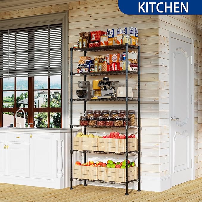 REGILLER 6-Wire Shelving Metal Storage Rack Adjustable Shelves,Standing Storage Shelf Units for Laundry Bathroom Kitchen Pantry Closet(Black,14.1" D x 30" W x 80" H)