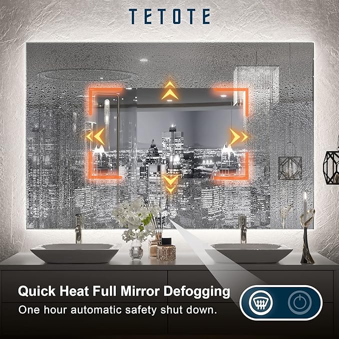 TETOTE 48 x 30 Inch LED Mirror Backlit Bathroom,Anti-Fog Mirror with Light,Dimmable,CRI90+,IP54 Water Proof,Wall Mounted Vanity Lighted Mirror,Horizontal/Vertical