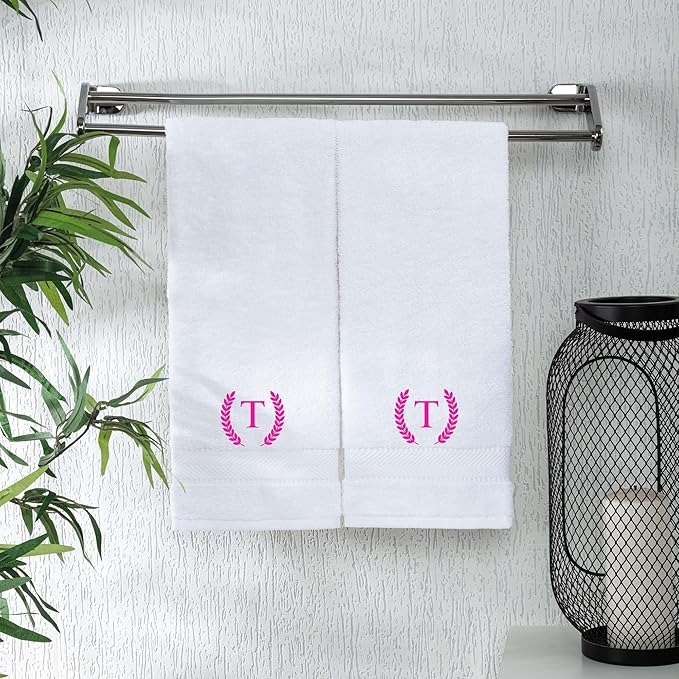 Monogrammed Hand Towels for Bathroom Makeup, Personalized Turkish Cotton Towel with Embroidery, Gift for Weddings, Housewarming, Anniversaries, and Bridal Showers, Set of 2 (Hot Pink, Initial T)