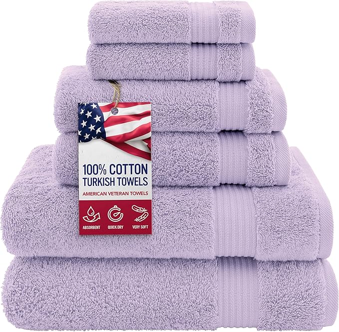 American Veteran Towel, 100% Cotton Turkish 6 Piece Towel Set, Luxury Towels Set of 6 for Bathroom Essentials, 2 Bath Towel 2 Hand Towel 2 Washcloth, Lilac