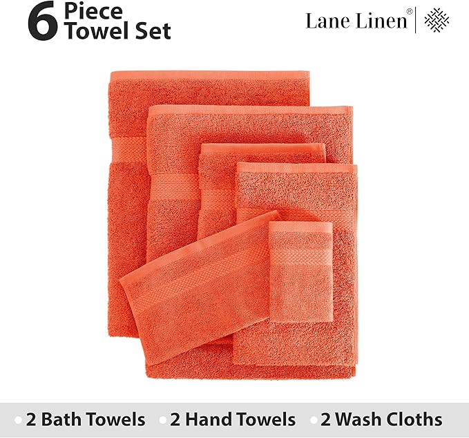 LANE LINEN 100% Cotton Luxury Bathroom Towel Set - 6 Pcs - Ring Spun, Quick Dry, Very Soft & Absorbent - 2 Bath, 2 Washcloths, 2 Hand Towels - Remains Fluffy Even After Multiple Washes - Tiger Lily