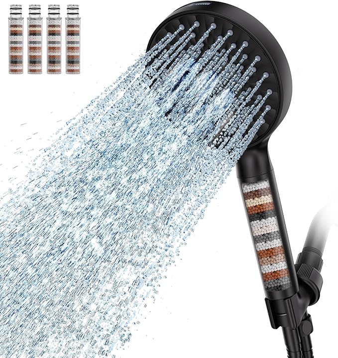 SR SUN RISE Filtered Shower Head with Handheld High Pressure 9 Spray Mode Showerhead Detachable Shower Head Water Softener Filters Beads for Hard Water Remove Chlorine 4 Filters Matte Black