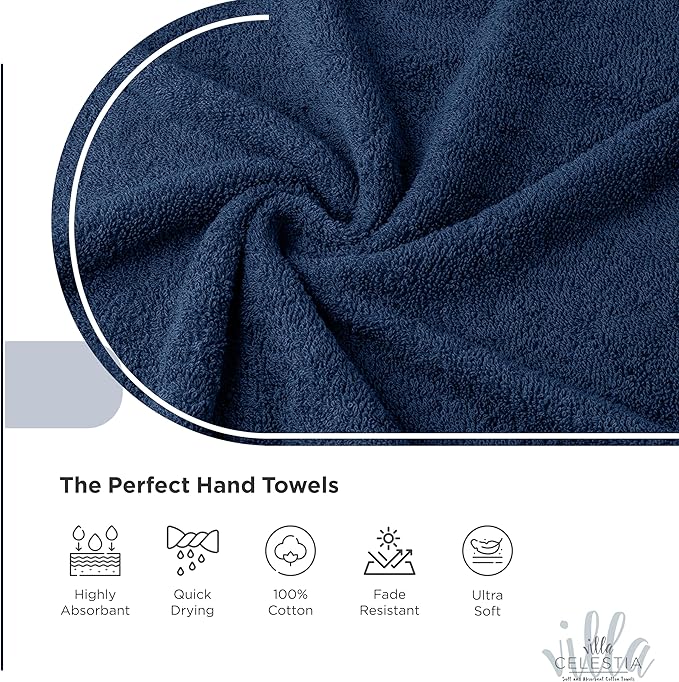 100% Cotton Hand Towel Set of 2, (16 x 28 inches) Sustainable, Soft, Highly Absorbent, Quick Drying, Combed Cotton Hand Towels Pack of 2 Ideal for Hotels, Spa, Bathroom, Dorm, Navy Blue