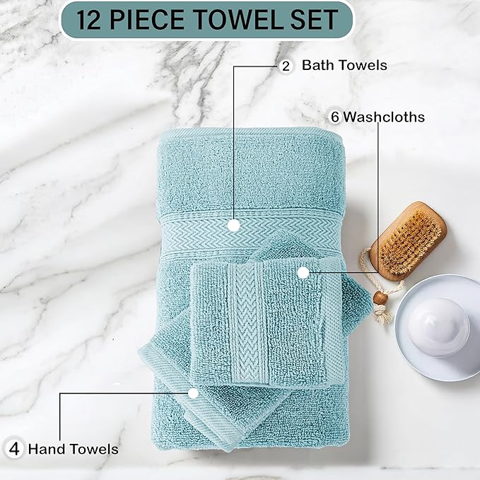 HILLFAIR 12-Piece Cotton Bath Towel Set - 600 GSM - Hotel Spa Towels - 2 Bath, 4 Hand, 6 Washcloths - Absorbent Soft Cotton - Ocean Blue