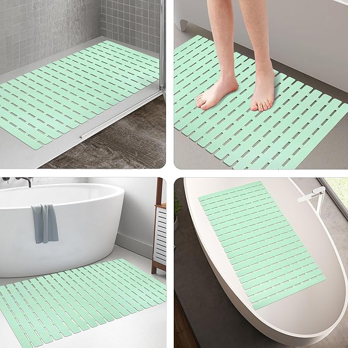MBOSS Bath Tub Shower Mat Non Slip Bathtub Mats for Bathroom Shower Floor Mat Bath Mats for Shower Tub Anti Slip Shower Mat with Drain Hole and Large Suction Cups (Mint Green, 27.5 X 15.7 Inch)