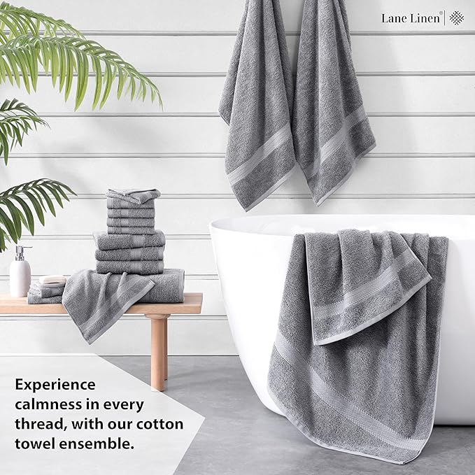 LANE LINEN 100% Cotton Luxury Bathroom Towel Set - 16 Pcs - Ring Spun, Quick Dry, Super Soft & Highly Absorbent - 4 Bath, 8 Washcloths, 4 Hand Towels - Pre Shrunk, Can be Used in Salon - Space Grey